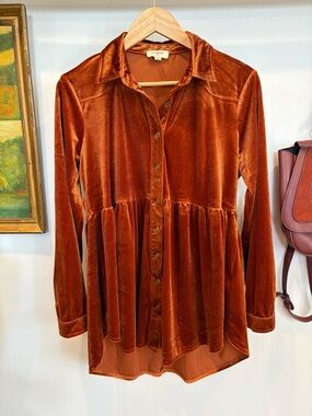 Umgee Rust Orange Velvet Babydoll Mini Dress